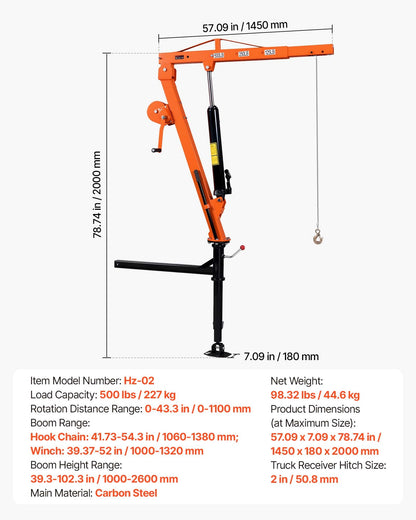 Truck Crane, 227 kg Pickup Hitch Crane Trailer Hitch Mounted with Manual Winch & Hydraulic Jack, 360° Rotating Telescopic Boom, Foldable Truck Bed Jib Hoist for Machine Lumber Equipment Lifting