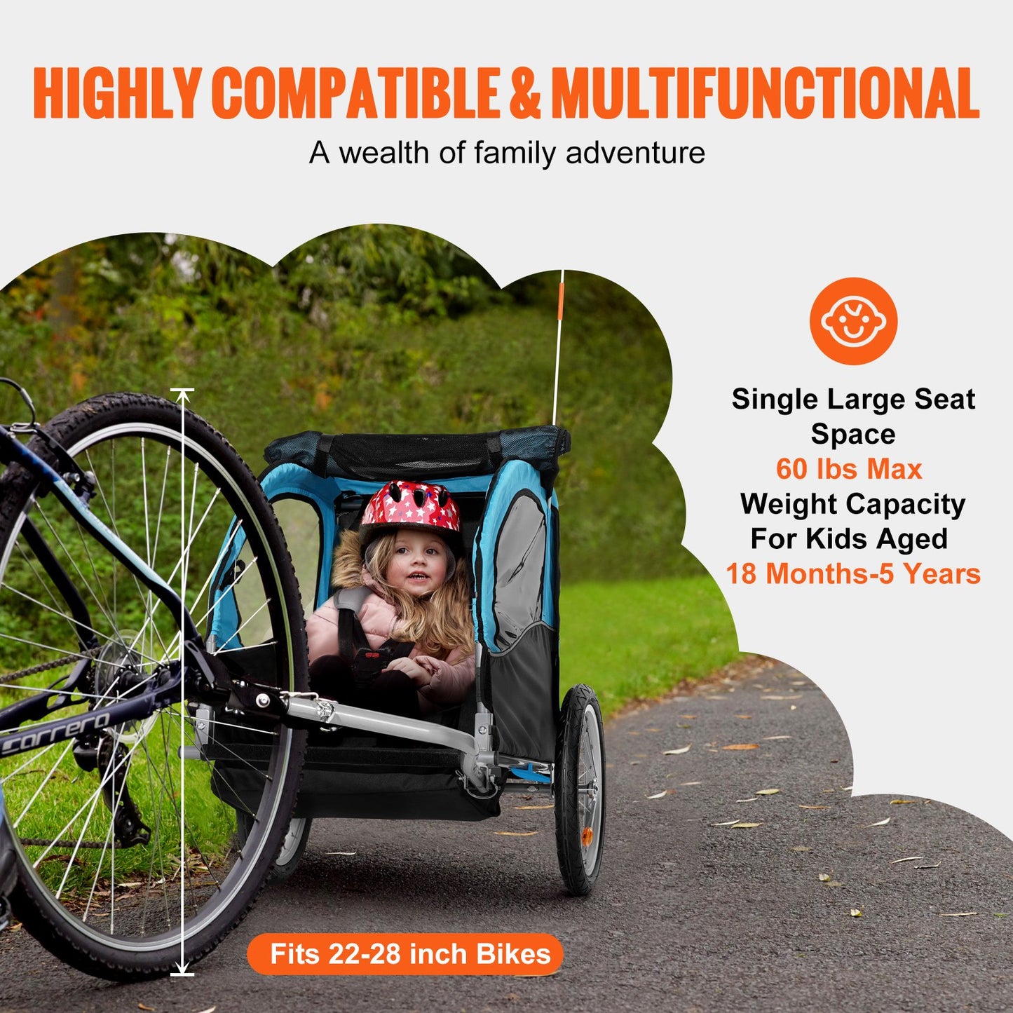 VEVOR Bike Trailer for Toddlers, Kids, 27 kg Load, Tow Behind Foldable Child Bicycle