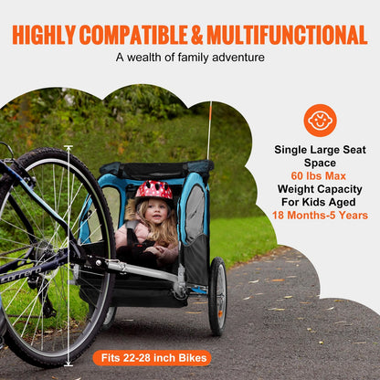 Foldable Child Bike Trailer with Canopy, 27 kg Load Capacity, Blue/Gray