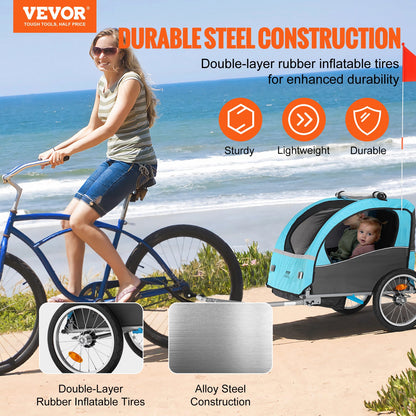 VEVOR Bike Trailer for Toddlers, Kids, Double Seat, 50 kg Load, Tow Behind Foldable