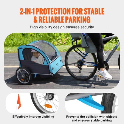 Double Seat Bike Trailer for Toddlers and Kids, 50 kg Load Capacity, Blue & Gray