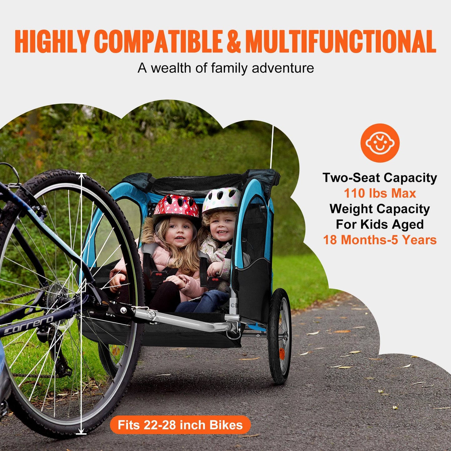 VEVOR Bike Trailer for Toddlers, Kids, Double Seat, 50 kg Load, Tow Behind Foldable