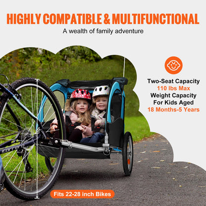 VEVOR Bike Trailer for Toddlers, Kids, Double Seat, 50 kg Load, Tow Behind Foldable