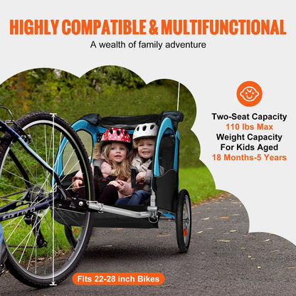 Double Seat Bike Trailer for Toddlers and Kids, 50 kg Load Capacity, Blue & Gray