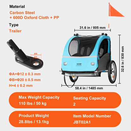Double Seat Bike Trailer for Toddlers and Kids, 50 kg Load Capacity, Blue & Gray