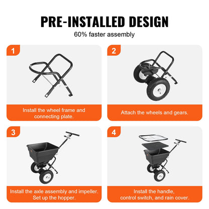 100 kg Walk-Behind Broadcast Spreader with 0-3 m Spread Width, Steel Frame