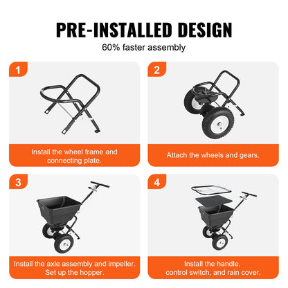 VEVOR Broadcast Spreader, 100 LB Walk-Behind Turf Spreader with 12" Wheels, Steel