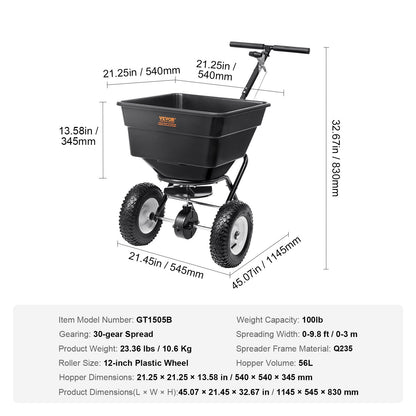 100 kg Walk-Behind Broadcast Spreader with 0-3 m Spread Width, Steel Frame