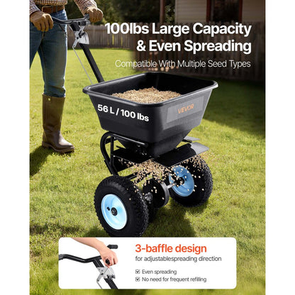 VEVOR Broadcast Spreader, 5.2kg Capacity, Walk-Behind Push Spreader, 0-3 m Spreading Width, All Terrain Pneumatic Tires, Lawn Spreaders with Hopper Grate, for Seed, Fertilizer, Salt, Ice Melt