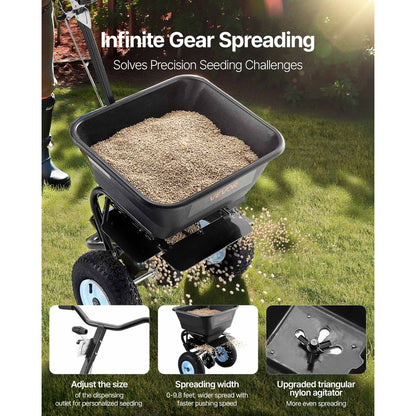VEVOR Broadcast Spreader, 5.2kg Capacity, Walk-Behind Push Spreader, 0-3 m Spreading Width, All Terrain Pneumatic Tires, Lawn Spreaders with Hopper Grate, for Seed, Fertilizer, Salt, Ice Melt