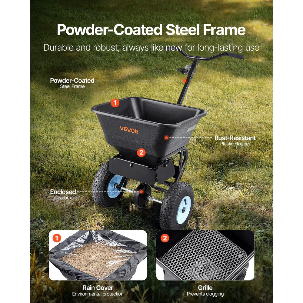 VEVOR Broadcast Spreader, 5.2kg Capacity, Walk-Behind Push Spreader, 0-3 m Spreading Width, All Terrain Pneumatic Tires, Lawn Spreaders with Hopper Grate, for Seed, Fertilizer, Salt, Ice Melt