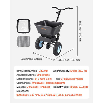 VEVOR Broadcast Spreader, 5.2kg Capacity, Walk-Behind Push Spreader, 0-3 m Spreading Width, All Terrain Pneumatic Tires, Lawn Spreaders with Hopper Grate, for Seed, Fertilizer, Salt, Ice Melt