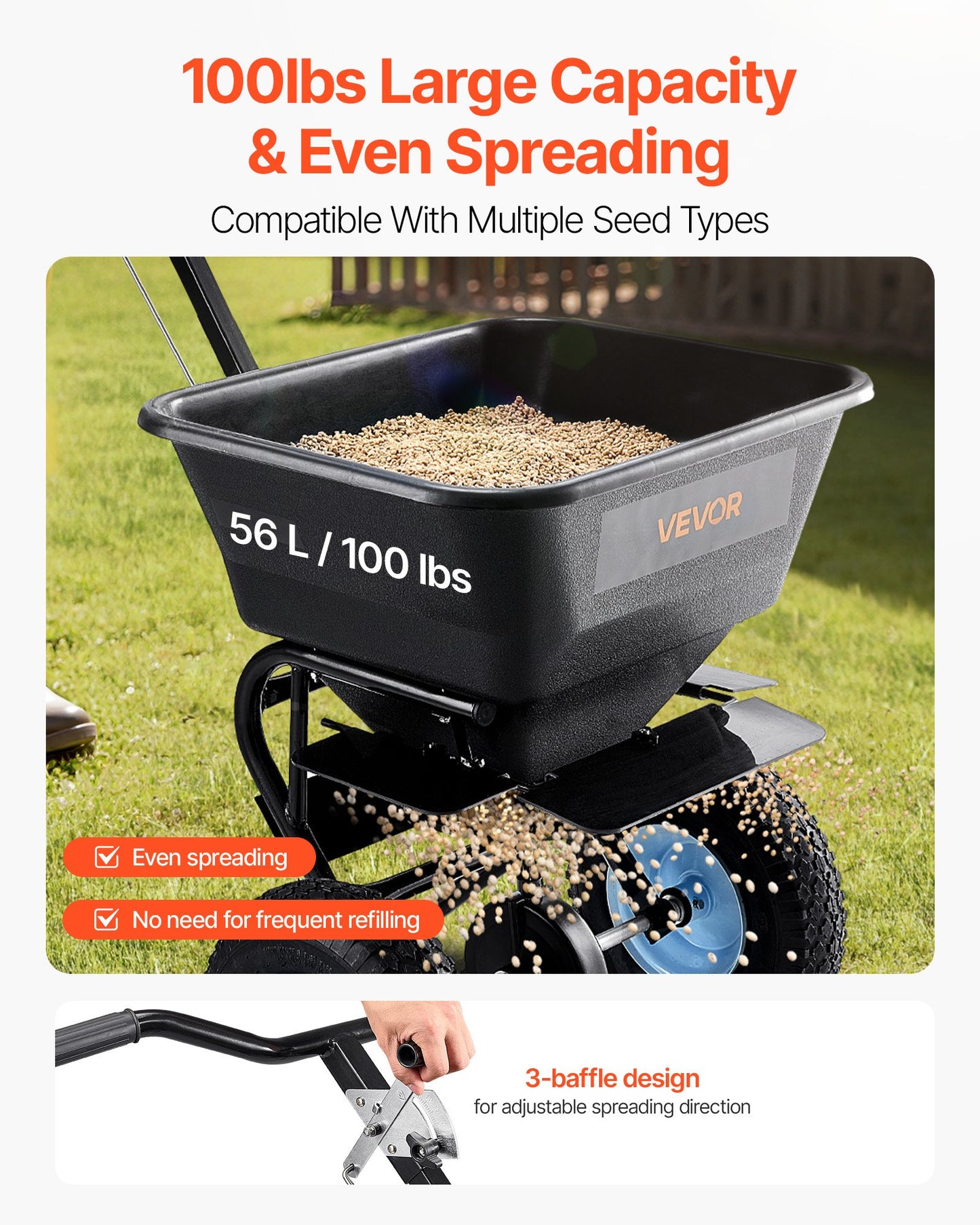 Lawn Spreader, 45.2 kg Capacity, Walk-Behind Push Spreader, 0-9.8ft Spreading Width, 13 in All Terrain Pneumatic Tires, Fertilizer Spreaders with Hopper Grate, for Seed Salt Ice Melt