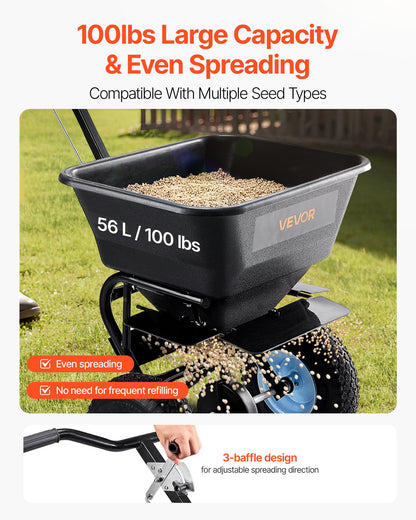 Lawn Spreader, 45.2 kg Capacity, Walk-Behind Push Spreader, 0-9.8ft Spreading Width, 13 in All Terrain Pneumatic Tires, Fertilizer Spreaders with Hopper Grate, for Seed Salt Ice Melt