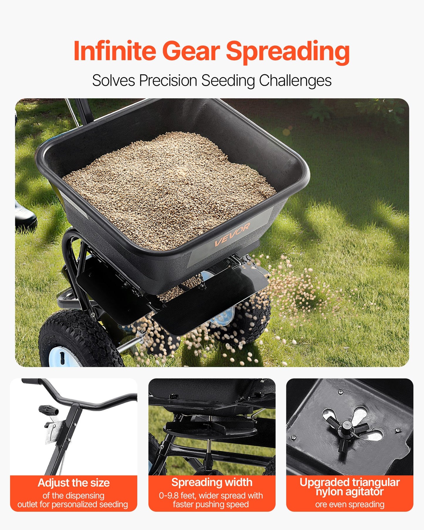 Lawn Spreader, 45.2 kg Capacity, Walk-Behind Push Spreader, 0-9.8ft Spreading Width, 13 in All Terrain Pneumatic Tires, Fertilizer Spreaders with Hopper Grate, for Seed Salt Ice Melt