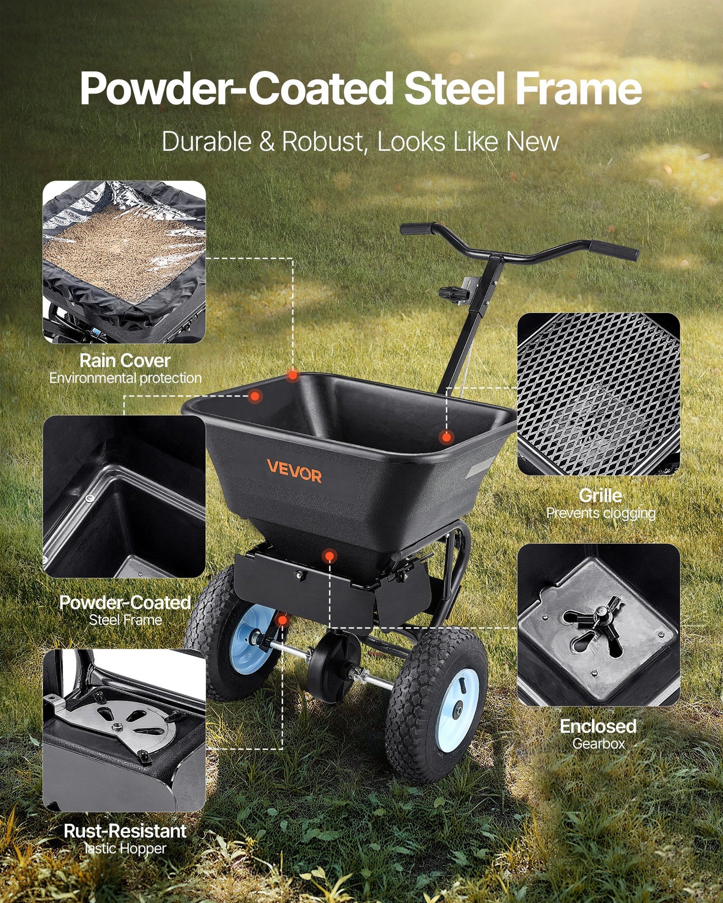 Lawn Spreader, 45.2 kg Capacity, Walk-Behind Push Spreader, 0-9.8ft Spreading Width, 13 in All Terrain Pneumatic Tires, Fertilizer Spreaders with Hopper Grate, for Seed Salt Ice Melt