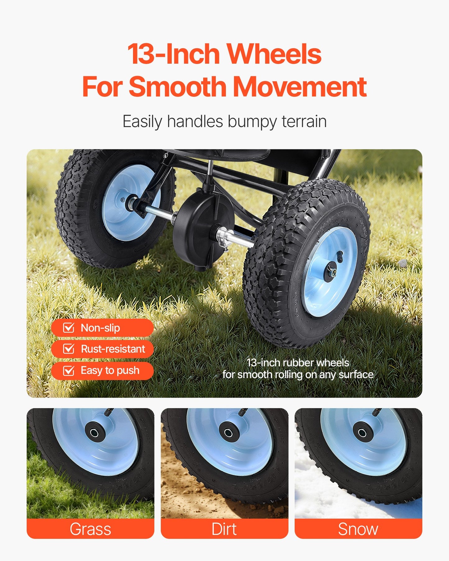 Lawn Spreader, 45.2 kg Capacity, Walk-Behind Push Spreader, 0-9.8ft Spreading Width, 13 in All Terrain Pneumatic Tires, Fertilizer Spreaders with Hopper Grate, for Seed Salt Ice Melt