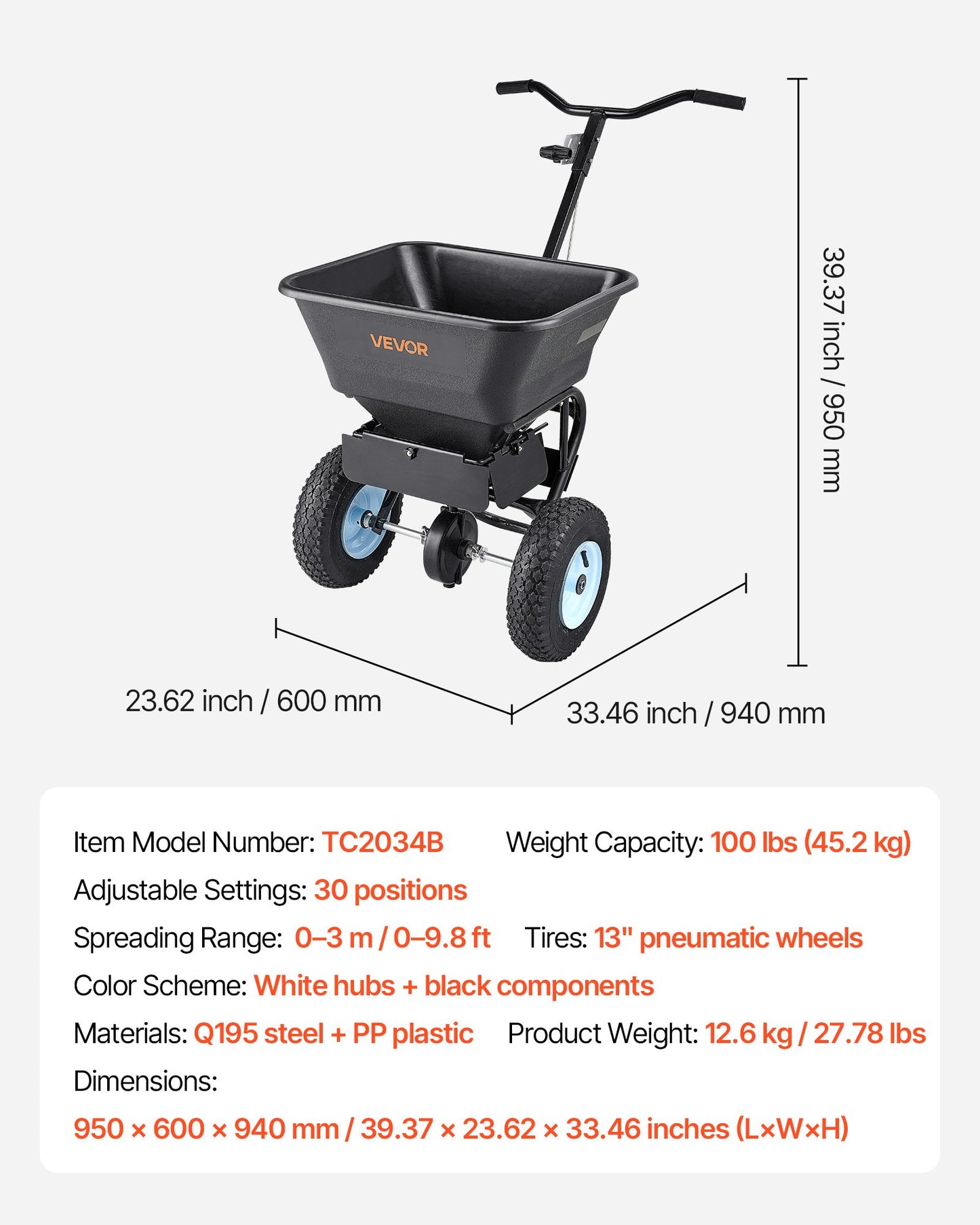 Lawn Spreader, 45.2 kg Capacity, Walk-Behind Push Spreader, 0-9.8ft Spreading Width, 13 in All Terrain Pneumatic Tires, Fertilizer Spreaders with Hopper Grate, for Seed Salt Ice Melt