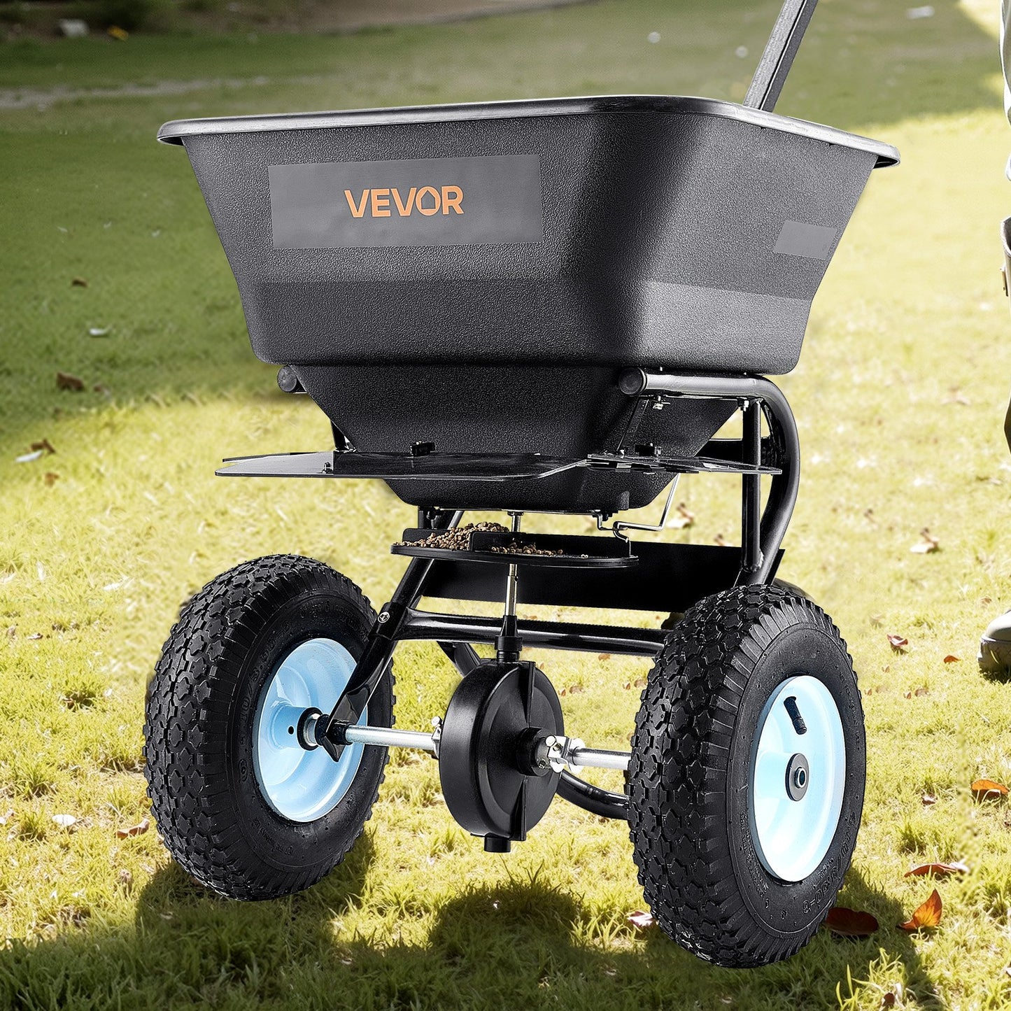 Lawn Spreader, 45.2 kg Capacity, Walk-Behind Push Spreader, 0-9.8ft Spreading Width, 13 in All Terrain Pneumatic Tires, Fertilizer Spreaders with Hopper Grate, for Seed Salt Ice Melt
