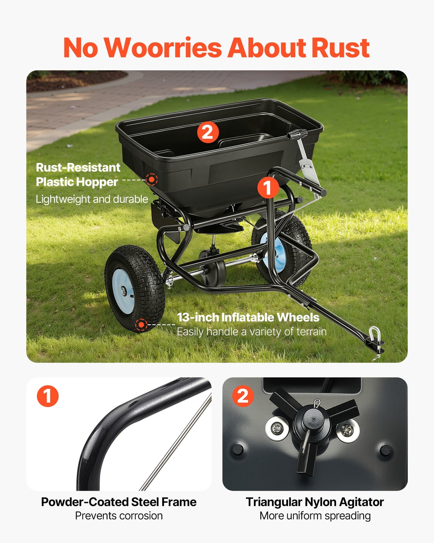 Tow Behind Broadcast Spreader, 130LBS Capacity, Tow/Push Garden Spreader with 13 in Tires, 30 Adjustable Setting & 9.8 ft Spreading Width, Lawn Spreaders for Seed, Fertilizer, Salt, Ice Melt