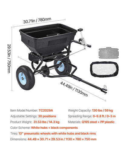 Tow Behind Broadcast Spreader, 130LBS Capacity, Tow/Push Garden Spreader with 13 in Tires, 30 Adjustable Setting & 9.8 ft Spreading Width, Lawn Spreaders for Seed, Fertilizer, Salt, Ice Melt