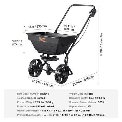 VEVOR Broadcast Spreader, Walk-Behind Turf Spreader with 8" Wheels, Steel Push Fertilizer