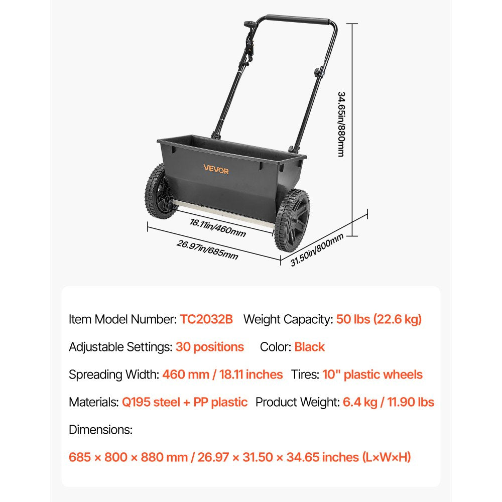 Walk-Behind Push Broadcast Spreader 22.6kg Capacity 460 mm Spreading Width
