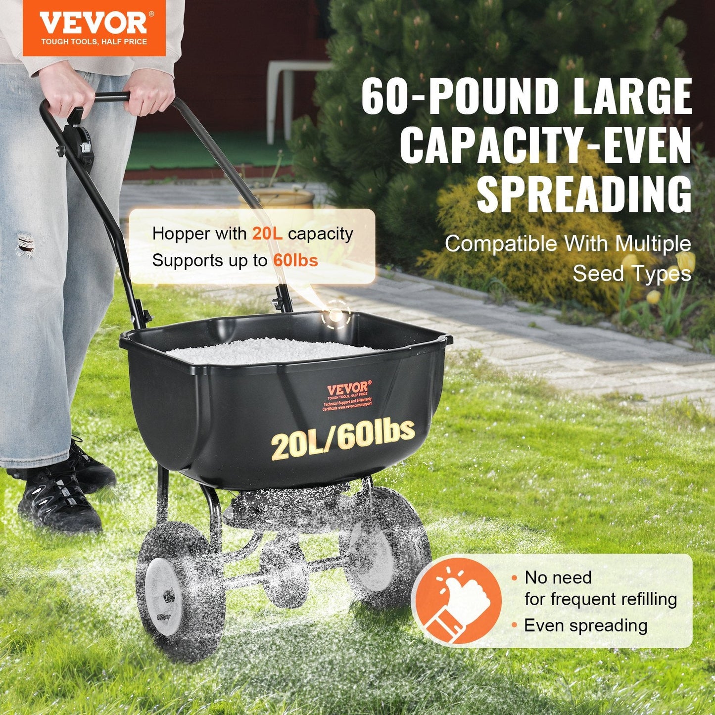 Walk-Behind Broadcast Spreader, 20L Capacity, 8" Wheels, Steel Frame, Black