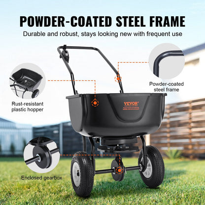Walk-Behind Broadcast Spreader, 20L Capacity, 8" Wheels, Steel Frame, Black