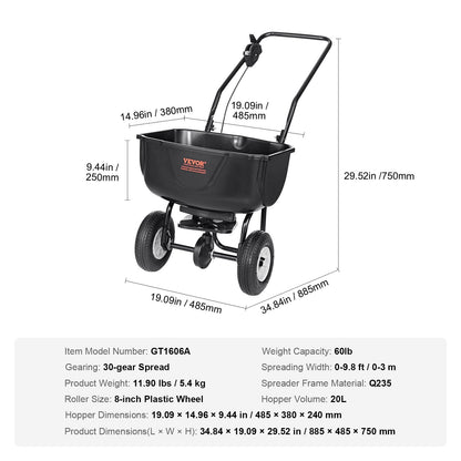 Walk-Behind Broadcast Spreader, 20L Capacity, 8" Wheels, Steel Frame, Black