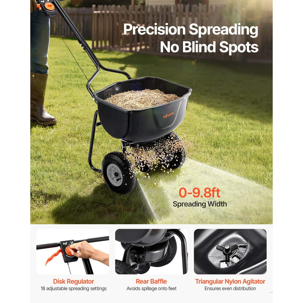VEVOR Broadcast Spreader, 27.2 kg Capacity, Walk-Behind Push Spreader, 0-3 m Spreading Width, All Terrain Pneumatic Tires, Lawn Spreaders with Hopper Grate, for Seed, Fertilizer, Salt, Ice Melt