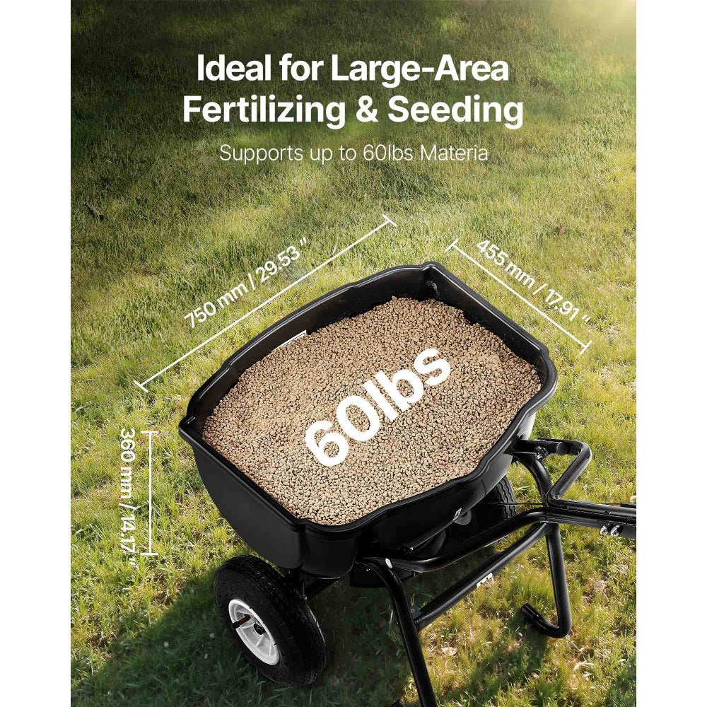 VEVOR Broadcast Spreader, 27.2 kg Capacity, Walk-Behind Push Spreader, 0-3 m Spreading Width, All Terrain Pneumatic Tires, Lawn Spreaders with Hopper Grate, for Seed, Fertilizer, Salt, Ice Melt