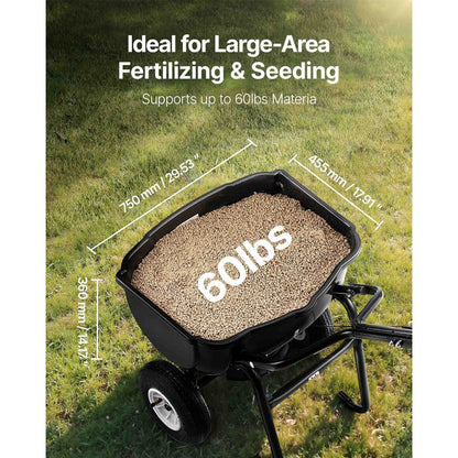 VEVOR Broadcast Spreader, 27.2 kg Capacity, Walk-Behind Push Spreader, 0-3 m Spreading Width, All Terrain Pneumatic Tires, Lawn Spreaders with Hopper Grate, for Seed, Fertilizer, Salt, Ice Melt