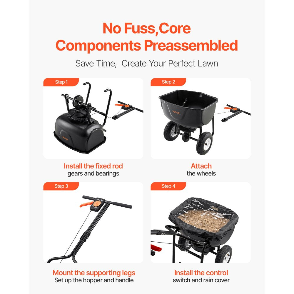 VEVOR Broadcast Spreader, 27.2 kg Capacity, Walk-Behind Push Spreader, 0-3 m Spreading Width, All Terrain Pneumatic Tires, Lawn Spreaders with Hopper Grate, for Seed, Fertilizer, Salt, Ice Melt