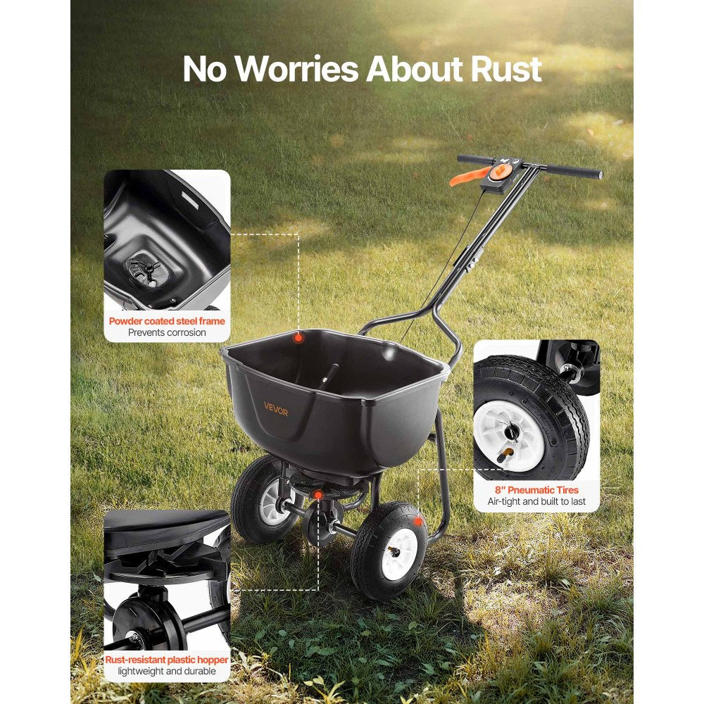 VEVOR Broadcast Spreader, 27.2 kg Capacity, Walk-Behind Push Spreader, 0-3 m Spreading Width, All Terrain Pneumatic Tires, Lawn Spreaders with Hopper Grate, for Seed, Fertilizer, Salt, Ice Melt