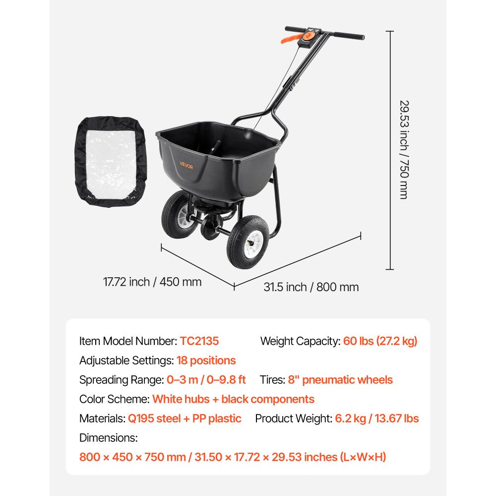VEVOR Broadcast Spreader, 27.2 kg Capacity, Walk-Behind Push Spreader, 0-3 m Spreading Width, All Terrain Pneumatic Tires, Lawn Spreaders with Hopper Grate, for Seed, Fertilizer, Salt, Ice Melt