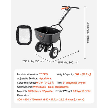 VEVOR Broadcast Spreader, 27.2 kg Capacity, Walk-Behind Push Spreader, 0-3 m Spreading Width, All Terrain Pneumatic Tires, Lawn Spreaders with Hopper Grate, for Seed, Fertilizer, Salt, Ice Melt