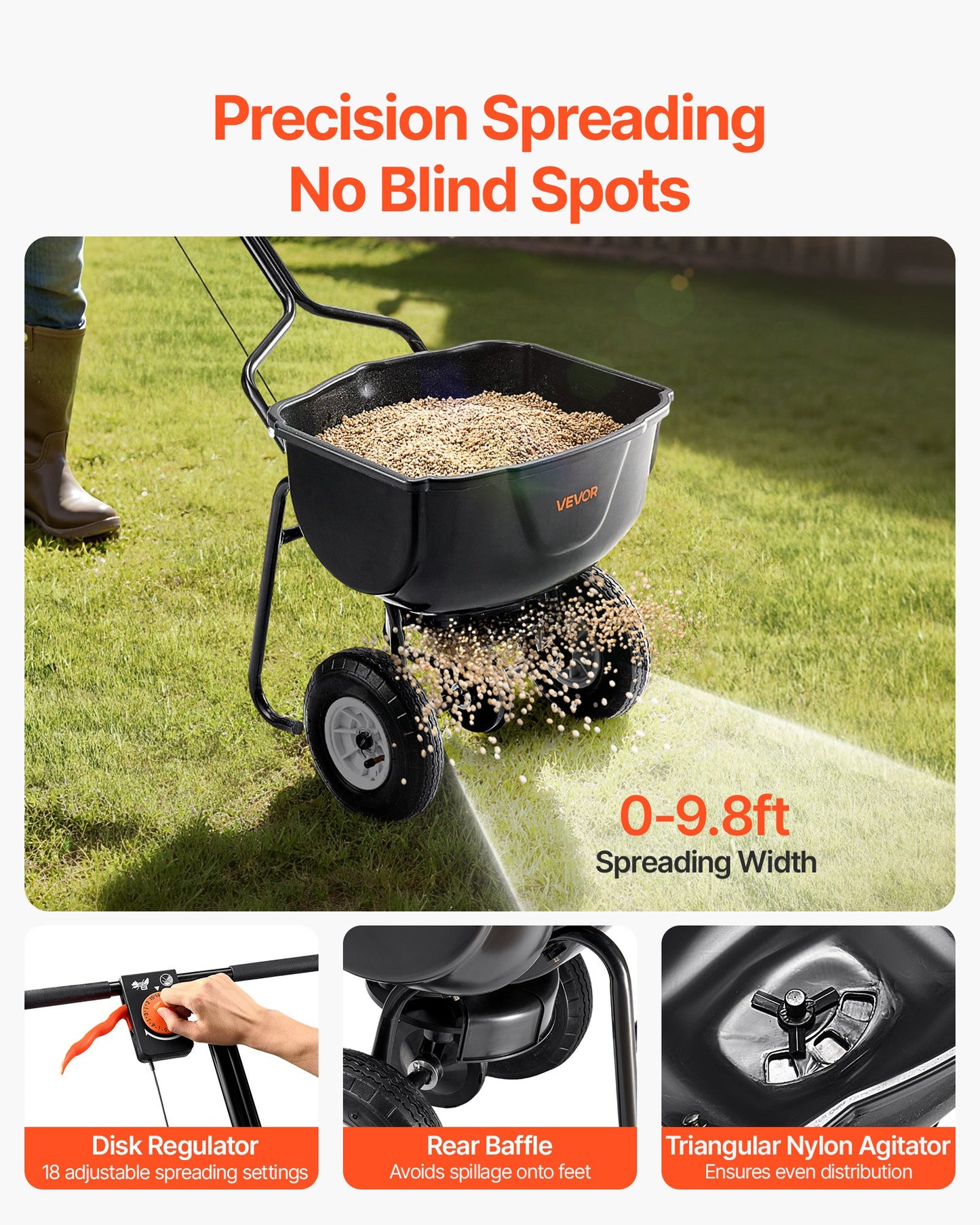 Walk Behind Spreader,27.2 kg Capacity, Push Spreader with Hopper Grate, 0-9.8 ft Spreading Width, 8 in All Terrain Pneumatic Tires, Garden & Lawn Broadcast Spreaders, for Seed, Fertilizer