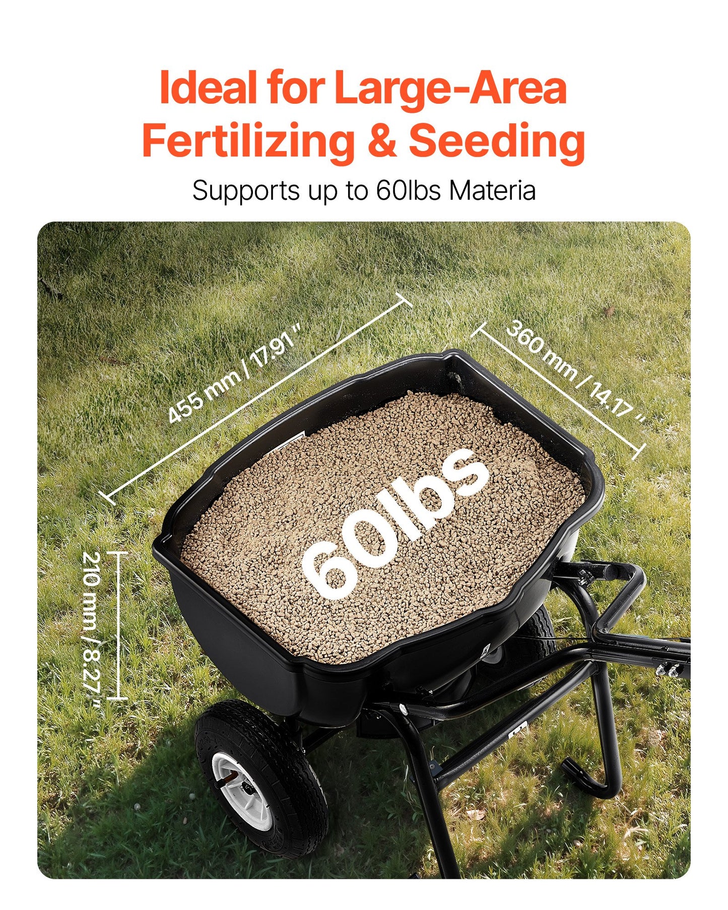 Walk Behind Spreader,27.2 kg Capacity, Push Spreader with Hopper Grate, 0-9.8 ft Spreading Width, 8 in All Terrain Pneumatic Tires, Garden & Lawn Broadcast Spreaders, for Seed, Fertilizer