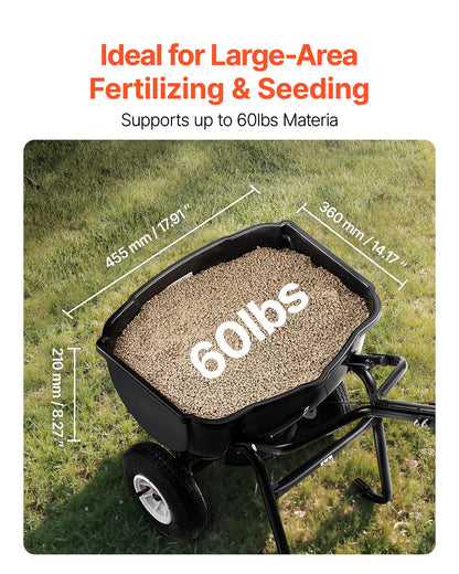 Walk Behind Spreader,27.2 kg Capacity, Push Spreader with Hopper Grate, 0-9.8 ft Spreading Width, 8 in All Terrain Pneumatic Tires, Garden & Lawn Broadcast Spreaders, for Seed, Fertilizer