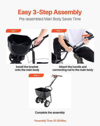Walk Behind Spreader,27.2 kg Capacity, Push Spreader with Hopper Grate, 0-9.8 ft Spreading Width, 8 in All Terrain Pneumatic Tires, Garden & Lawn Broadcast Spreaders, for Seed, Fertilizer