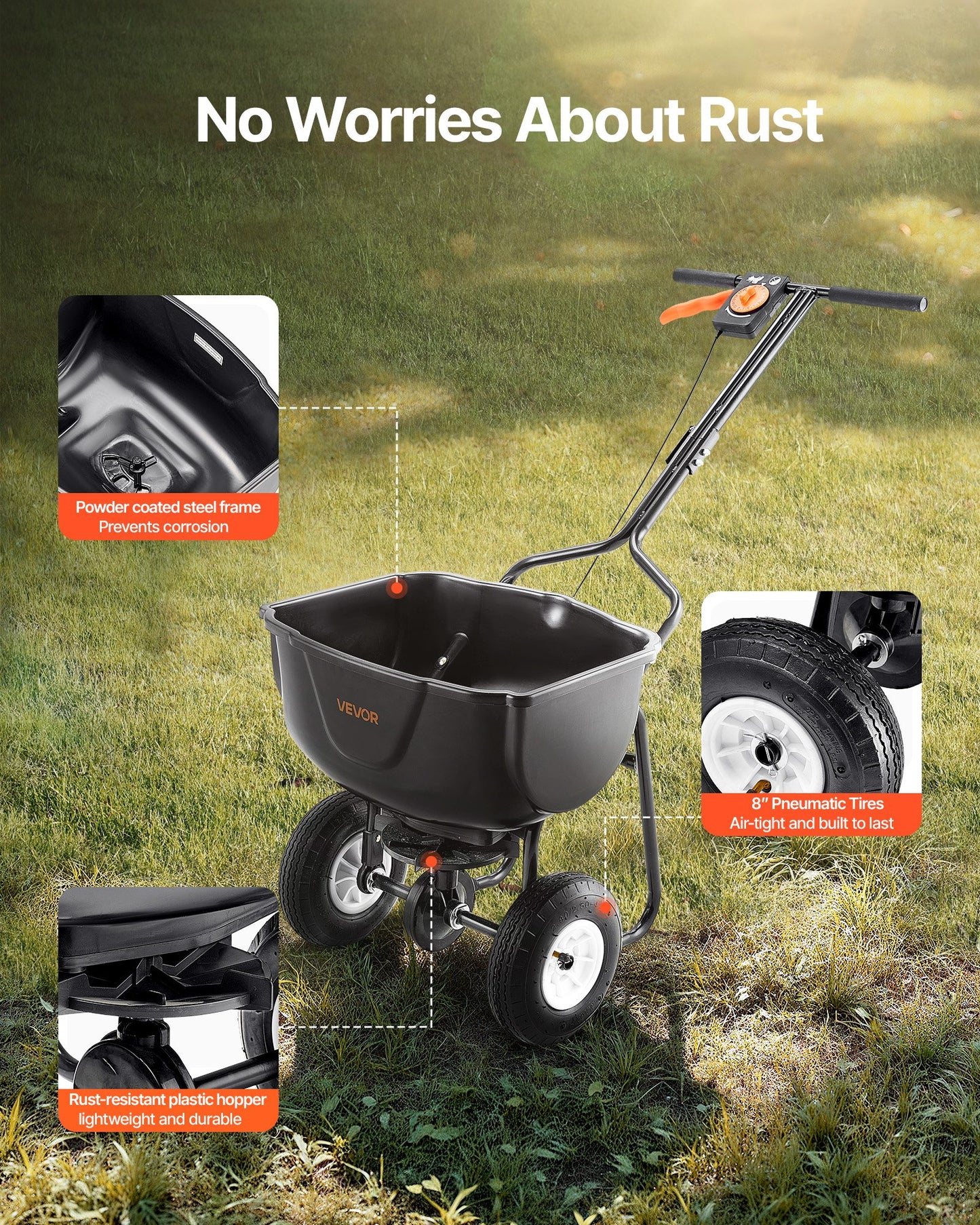 Walk Behind Spreader,27.2 kg Capacity, Push Spreader with Hopper Grate, 0-9.8 ft Spreading Width, 8 in All Terrain Pneumatic Tires, Garden & Lawn Broadcast Spreaders, for Seed, Fertilizer