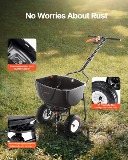 Walk Behind Spreader,27.2 kg Capacity, Push Spreader with Hopper Grate, 0-9.8 ft Spreading Width, 8 in All Terrain Pneumatic Tires, Garden & Lawn Broadcast Spreaders, for Seed, Fertilizer