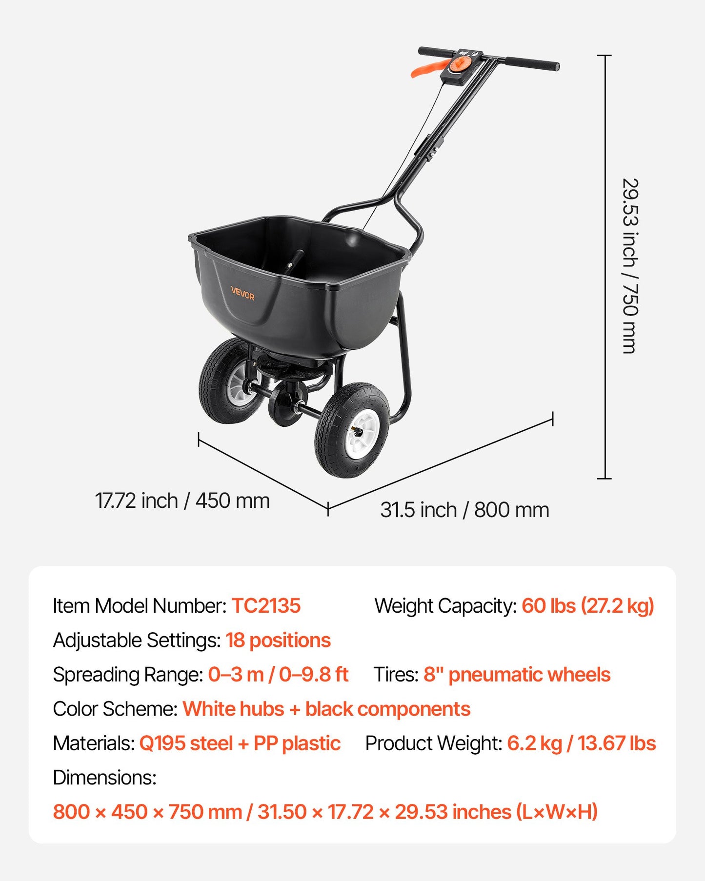 Walk Behind Spreader,27.2 kg Capacity, Push Spreader with Hopper Grate, 0-9.8 ft Spreading Width, 8 in All Terrain Pneumatic Tires, Garden & Lawn Broadcast Spreaders, for Seed, Fertilizer