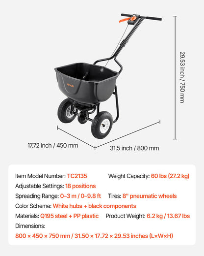 Walk Behind Spreader,27.2 kg Capacity, Push Spreader with Hopper Grate, 0-9.8 ft Spreading Width, 8 in All Terrain Pneumatic Tires, Garden & Lawn Broadcast Spreaders, for Seed, Fertilizer