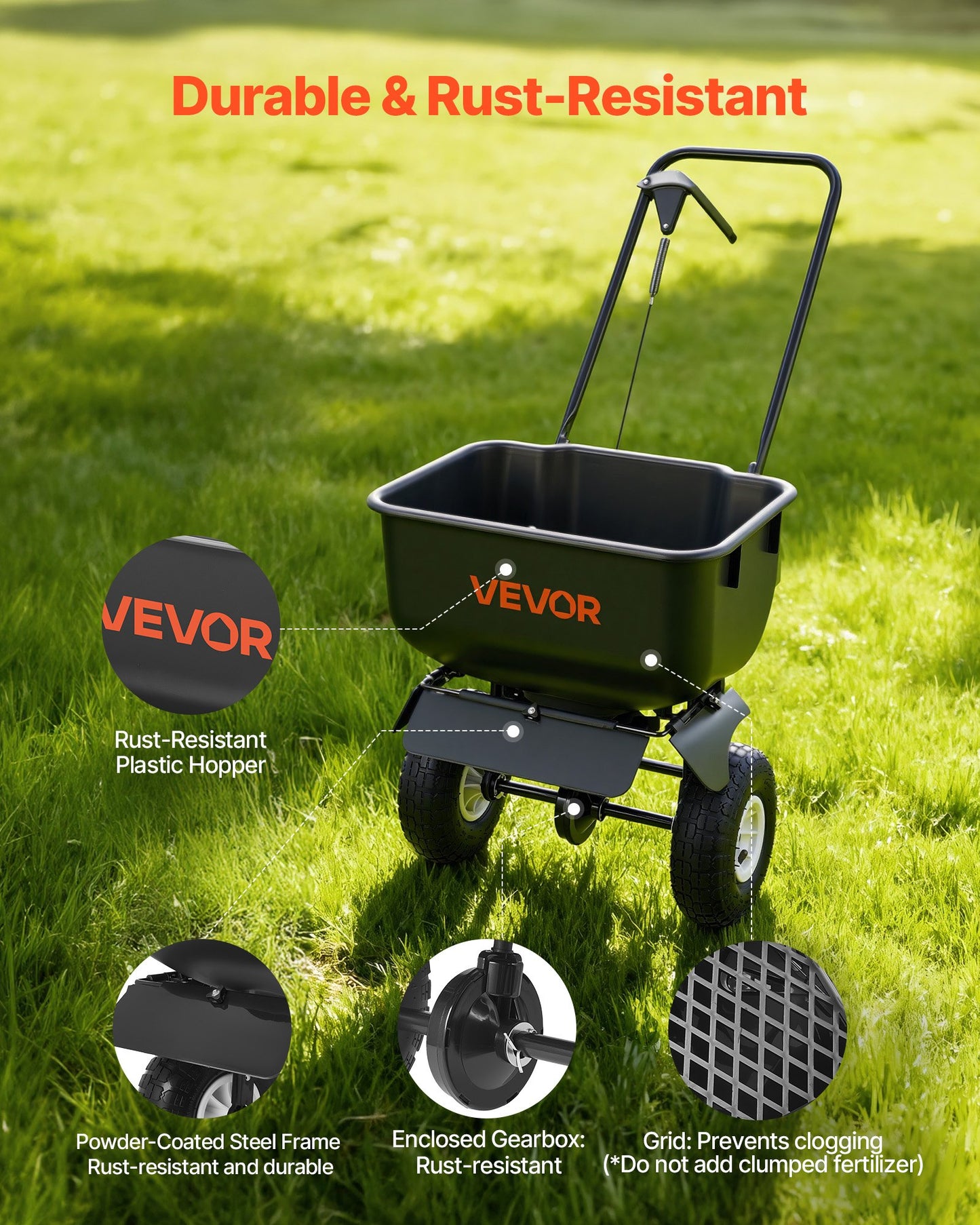 Push Lawn Spreader, 3.6m Spreading Width, Broadcast Spreader with 36.3kg Load Capacity & 10 in All-Terrain Tires, Walk-Behind Garden & Lawn Broadcast Spreaders for Seed Fertilizer, Salt Ice Melt