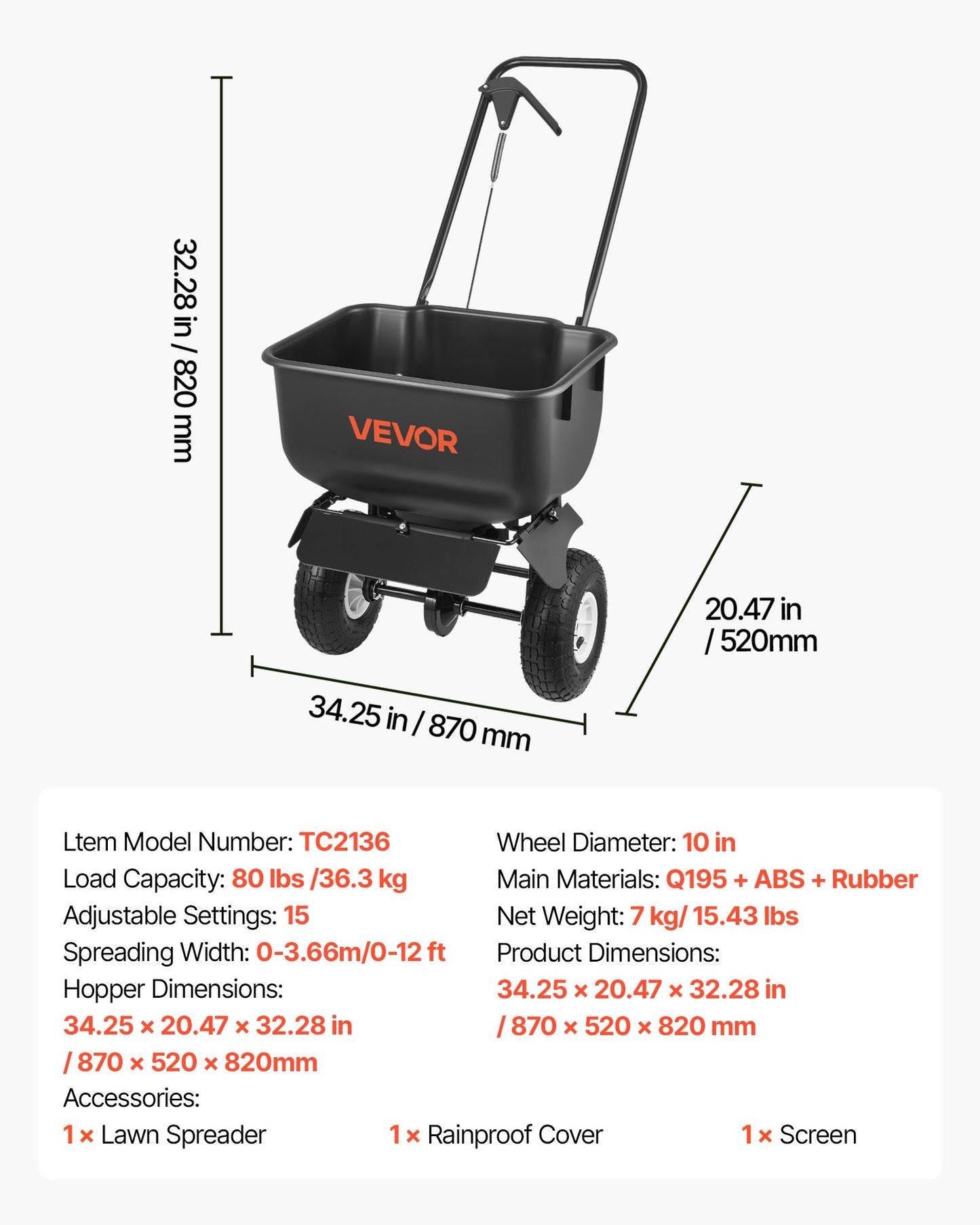 Push Lawn Spreader, 3.6m Spreading Width, Broadcast Spreader with 36.3kg Load Capacity & 10 in All-Terrain Tires, Walk-Behind Garden & Lawn Broadcast Spreaders for Seed Fertilizer, Salt Ice Melt