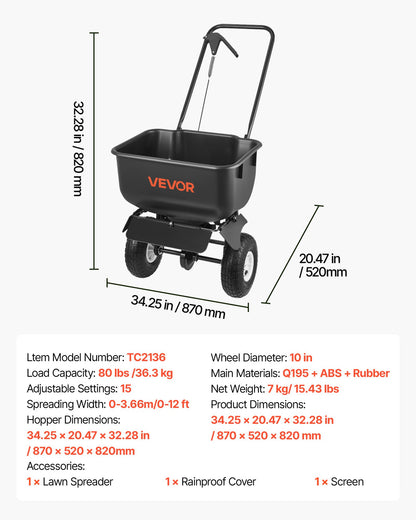 Push Lawn Spreader, 3.6m Spreading Width, Broadcast Spreader with 36.3kg Load Capacity & 10 in All-Terrain Tires, Walk-Behind Garden & Lawn Broadcast Spreaders for Seed Fertilizer, Salt Ice Melt