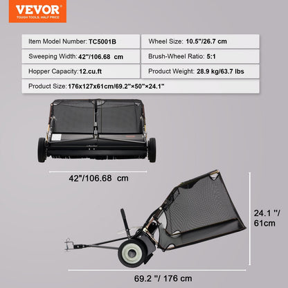 Tow-Behind Lawn Sweeper, 1.07m Wide, 12 cu.ft. Capacity, Adjustable Height