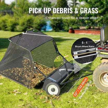 Tow-Behind Lawn Sweeper 1.32m, 26 cu.ft. Capacity, Adjustable Height & Storage